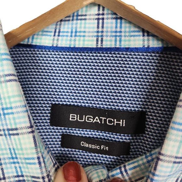 BUGATCHI Shirt Mens Medium Blue Plaid Long Sleeve Flip Cuff Preppy Button Up - Picture 9 of 9